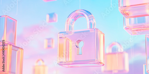 Cyber Defense Emblem: Stylized Lock with Data Streams on a Blue‑Pink Gradient Background