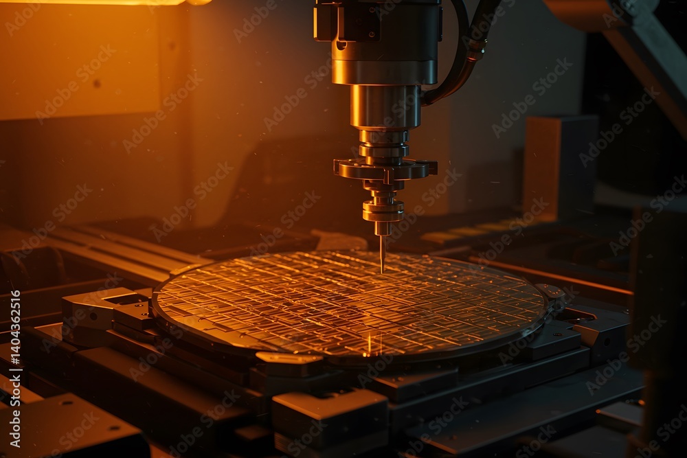 Close-up of semiconductor wafer under inspection in a fabrication facility, Close-up of a semiconductor wafer being processed by a precision robotic arm during the manufacturing process,