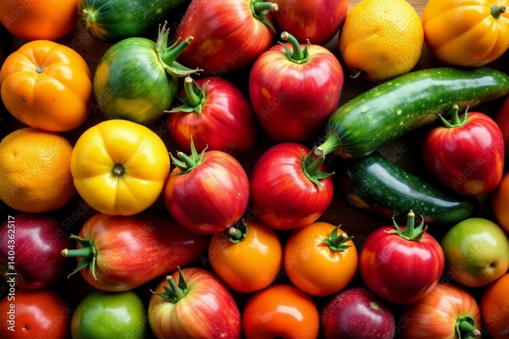 Collection of various ripe fruits and vegetables displayed neatly, vibrant colors, selection Collection of various ripe fruits and vegetables displayed neatly, vibrant colors, selection