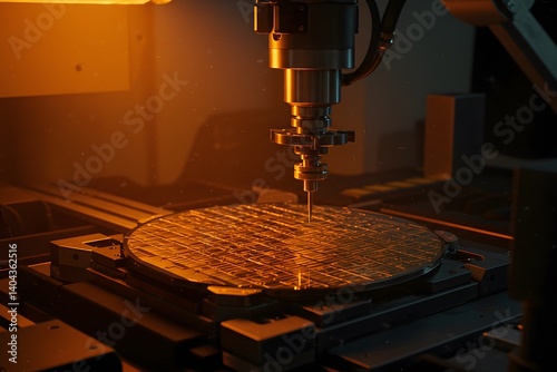 Obraz na płótnie Close-up of semiconductor wafer under inspection in a fabrication facility, Close-up of a semiconductor wafer being processed by a precision robotic arm during the manufacturing process, w salonie