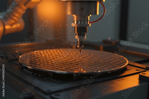 Close-up of a semiconductor wafer being processed by a precision robotic arm during the manufacturing process, Close-up of semiconductor wafer under inspection in a fabrication facility