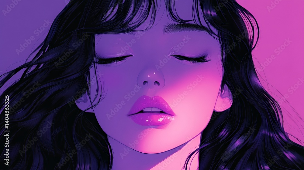 Close-up of a serene woman with long dark hair, soft expression, and vibrant light play.