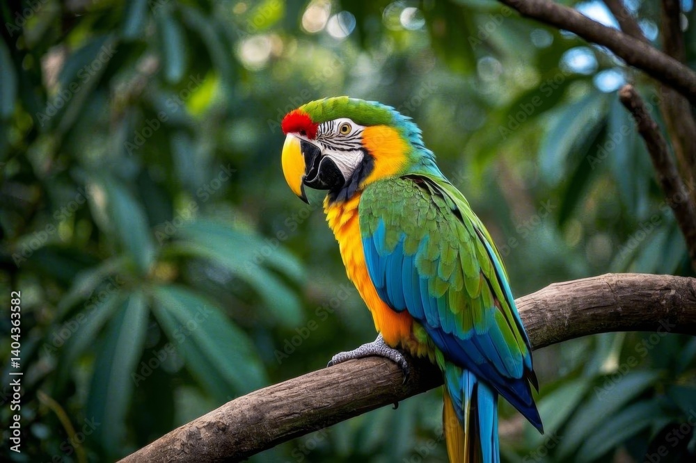 brightly colored parrot perched on a branch in a tropical forest brightly colored parrot perched on a branch in a tropical forest