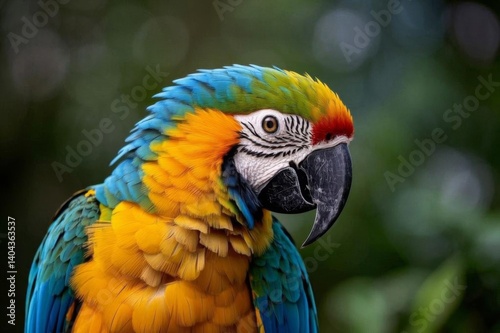 brightly colored parrot with a blue and yellow beak and a red head