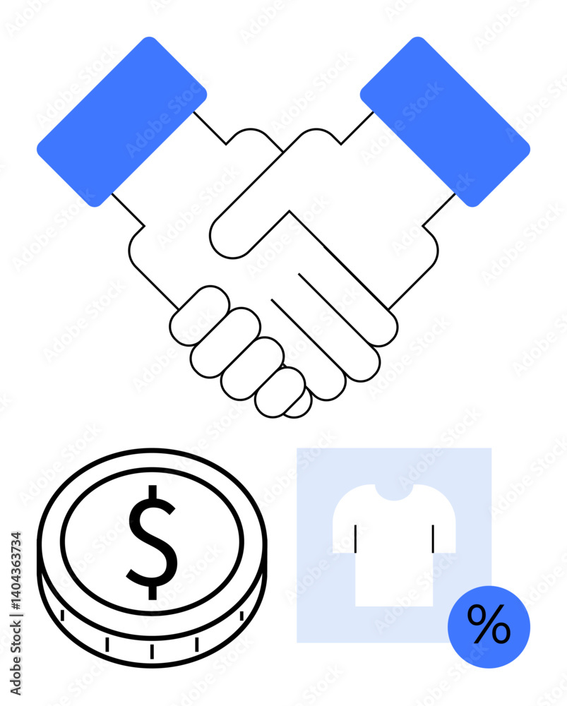 Handshake above coin, shirt, and discount icon signifying partnership, trade, and sales promotion. Ideal for business, retail, e-commerce, deals partnerships financial agreements marketing Handshake above coin, shirt, and discount icon signifying partnership, trade, and sales promotion. Ideal for business, retail, e-commerce, deals partnerships financial agreements marketing