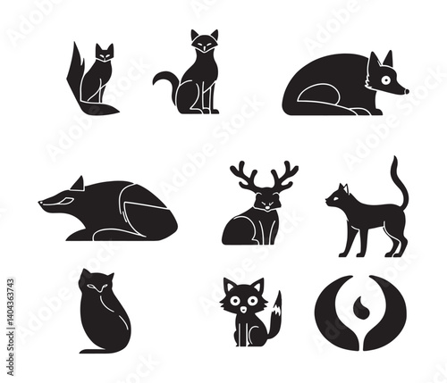 Collection of minimalist black vector icons of various nocturnal animals: bat, fox, panther, cat, owl, deer, raccoon, wolf, badger, goat.