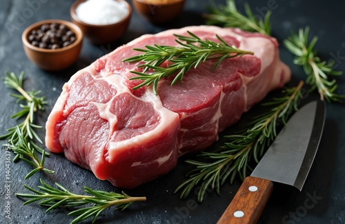Raw lamb shoulder blade with rosemary, salt, pepper and knife on stone background. Butcher shop meat cut, fresh food ingredient for cooking. Culinary concept for restaurant, cafe.