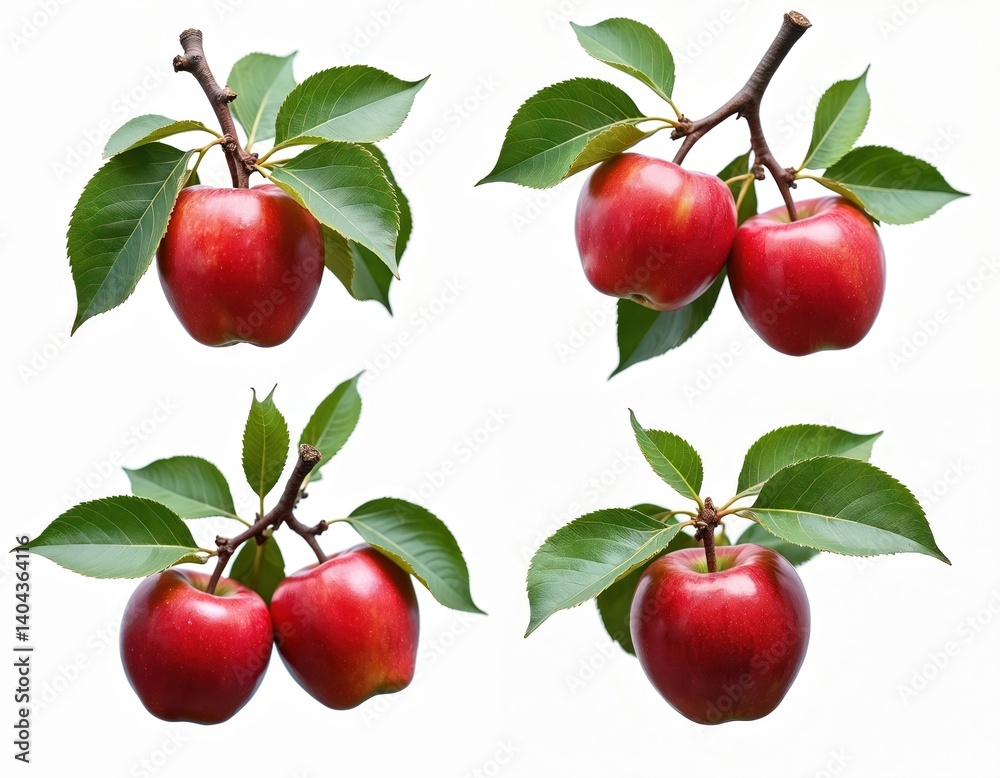 Set of ripe red apples with green leaves on branches isolated on white. Fresh fruit, healthy eating. Gardening theme, crop, harvest, spring, summer seasonal themes.