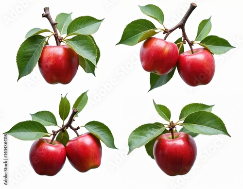 Obraz na płótnie Set of ripe red apples with green leaves on branches isolated on white. Fresh fruit, healthy eating. Gardening theme, crop, harvest, spring, summer seasonal themes. w salonie