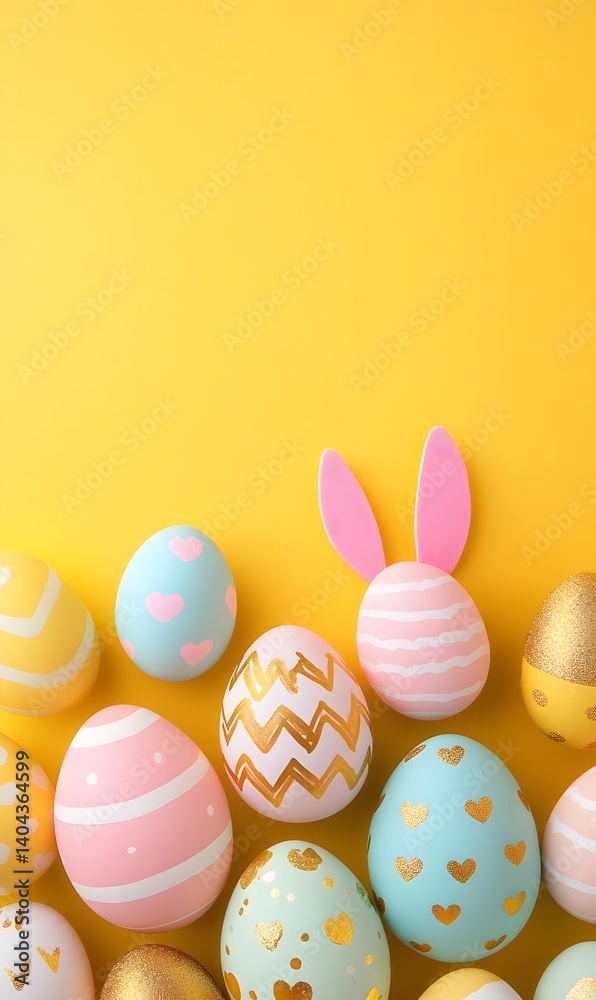 Fototapeta premium Easter celebration layout with bunny ears and vibrant eggs on bright yellow surface, featuring copy space for seasonal greeting or marketing use 