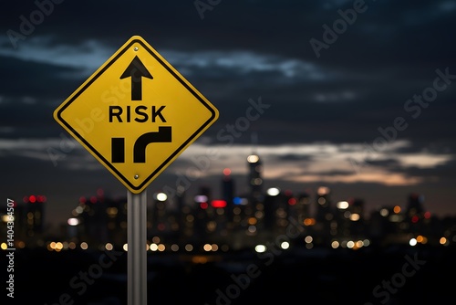 Road sign with 'risk' against stormy sky symbolizes danger ahead. a diamond-shaped yellow road sign with the word 