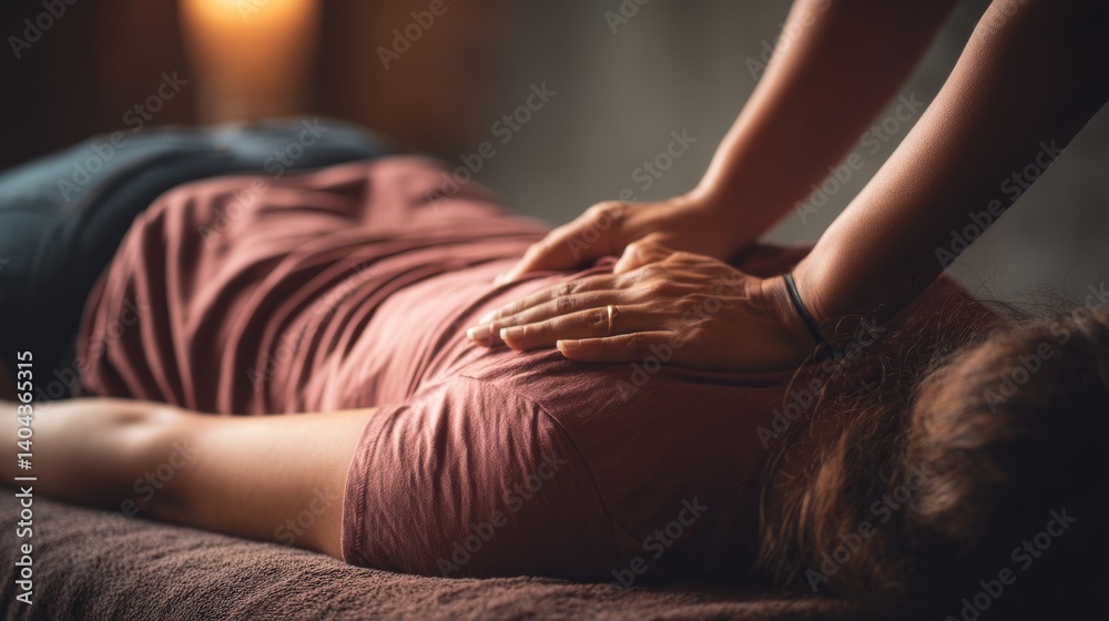 Obraz premium On a clean massage bed, a woman lies comfortably on her side as another woman’s hands and arms gently work on her back muscles, creating a serene wellness atmosphere.