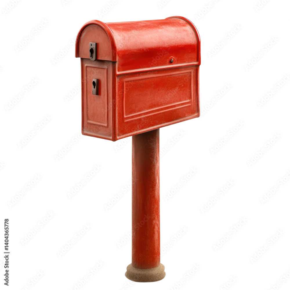 Bright red mailbox standing alone on a quiet street surrounded by green grass and a clear blue sky above isolated on a white background. Bright red mailbox standing alone on a quiet street surrounded by green grass and a clear blue sky above isolated on a white background.