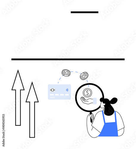 Woman holding a magnifying glass examining a hand holding a coin, a credit card, upward arrows, currency exchange symbols. Ideal for finance, investments, economic growth, analysis, banking money