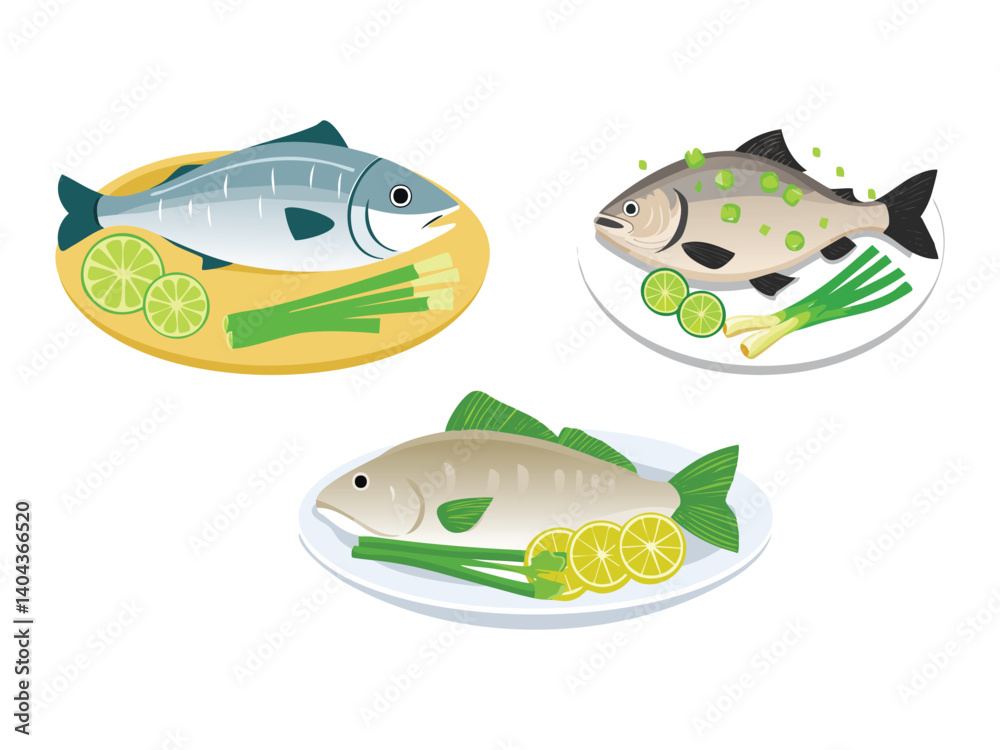 Fototapeta premium vector illustration of a chinese food Steamed Fish with Ginger and Scallions