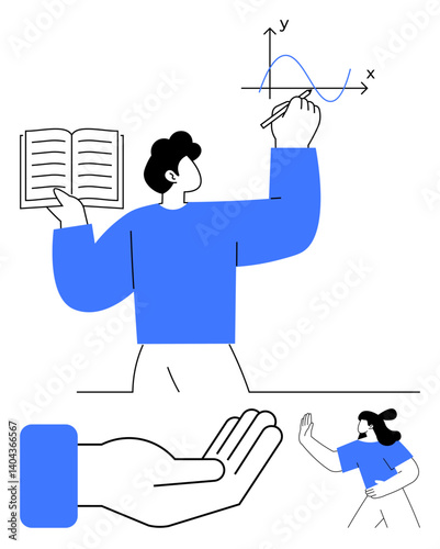 Person explaining graph while holding book, hand supporting concept, running character. Ideal for education, teamwork, support, teaching, growth motivation collaboration. Flat simple metaphor