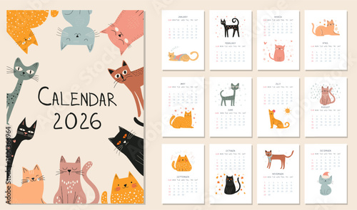 Cute 2026 Cat Calendar Monthly Template with Hand-Drawn Illustration of Doodle Funny Kittens for Each Month. Playful and Colorful Design, Perfect for Kids, Pet Lovers, Wall Art, Desktop Use, and