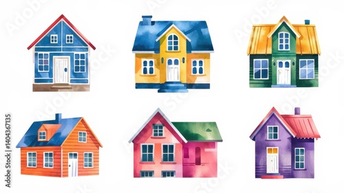 Collection of Colorful Watercolor Houses: A Delightful Visual of Six Charming Homes