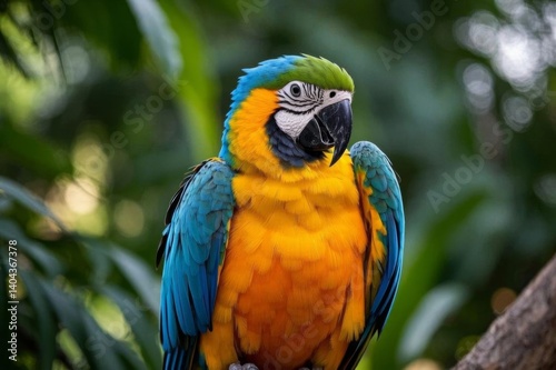 brightly colored parrot perched on a branch in a tropical setting