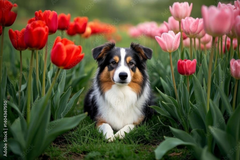 there is a dog that is laying in the grass with tulips there is a dog that is laying in the grass with tulips