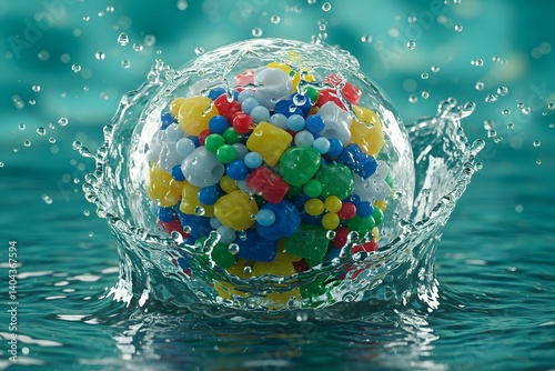Obraz na płótnie close-up of a transparent sphere filled with colorful plastic microbeads submerged in water, highlighting the environmental impact of plastic pollution in oceans and drinking water sources. w salonie