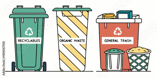 Different types of plastic containers for garbage set. Wastebaskets for household waste vector illustration
