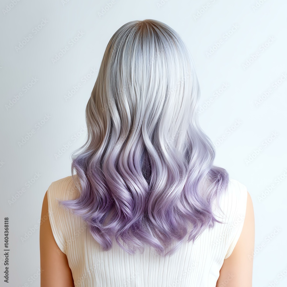 Naklejka premium Beauty girl with long and shiny wavy Hair ,coloring and toning A stunning portrait showcasing a woman with long, wavy, lavender-highlighted hair, styled elegantly against a minimalistic background.