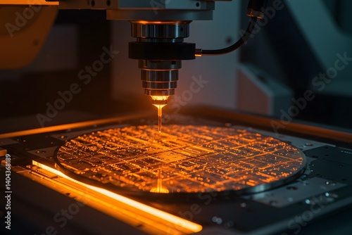 Close-up of semiconductor wafer under inspection in a fabrication facility, highlighting precision and quality control. Close-up of a semiconductor wafer being processed by a precision robotic arm