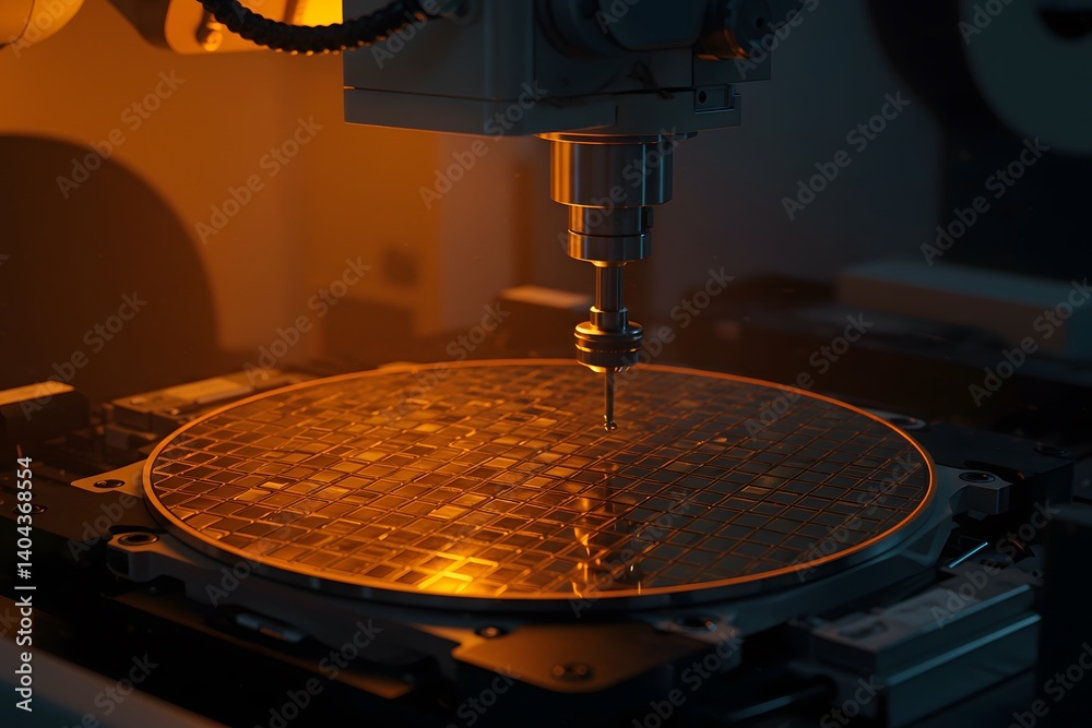 Close-up of semiconductor wafer under inspection in a fabrication facility, Close-up of a semiconductor wafer being processed by a precision robotic arm during the manufacturing process,