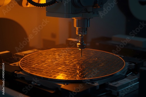 Obraz na płótnie Close-up of semiconductor wafer under inspection in a fabrication facility, Close-up of a semiconductor wafer being processed by a precision robotic arm during the manufacturing process, w salonie
