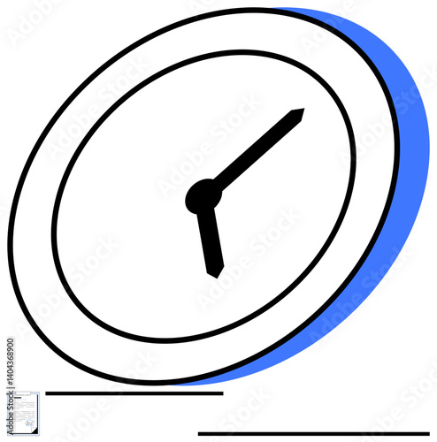 Circular clock with bold hands on a tilted angle and blue shadow accent. Document and lines suggest organization. Ideal for time management, deadlines, planning, productivity, focus, punctuality
