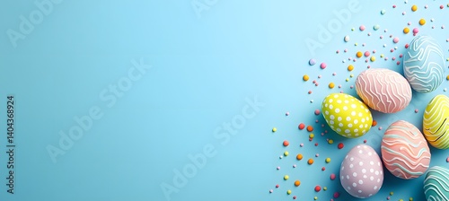Easter party background with bunny ears and vibrant eggs on soft blue surface, ideal for invitations, ads, or seasonal social media content
