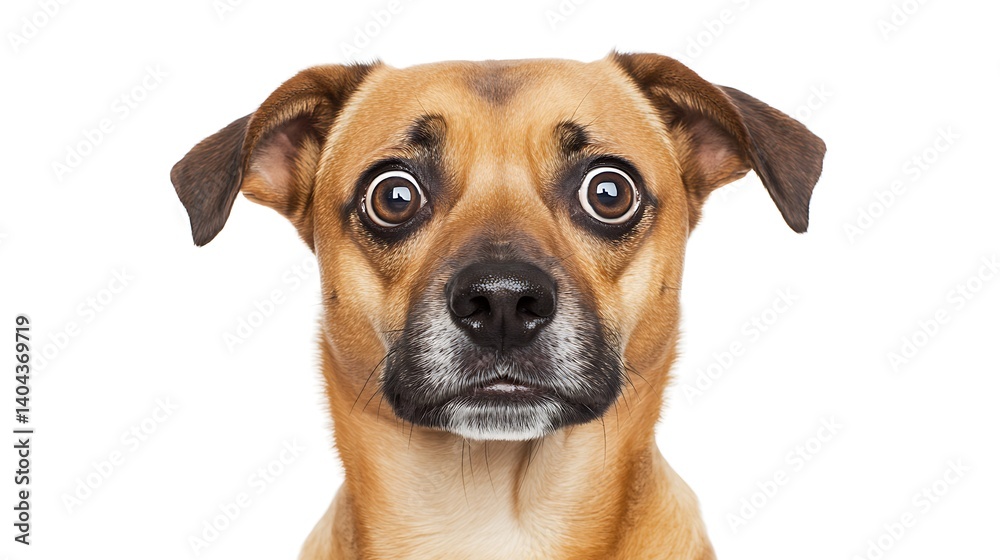 Closeup Portrait of a Scared Brown Dog with Wide Eyes Against a White Background Closeup Portrait of a Scared Brown Dog with Wide Eyes Against a White Background