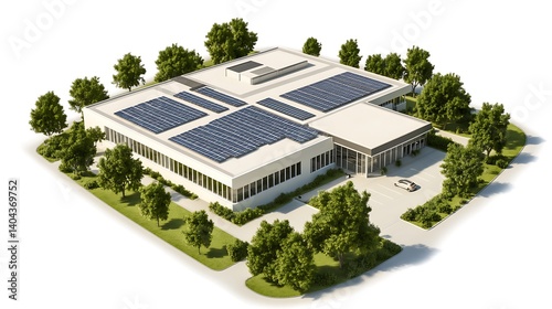 Isometric View of Modern Office Building with Rooftop Solar Panels