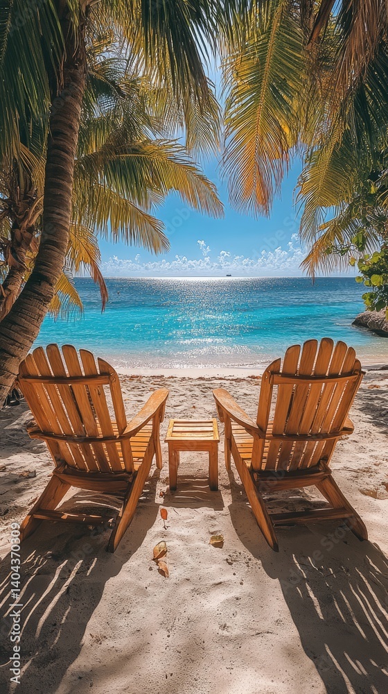 Fototapeta premium Beach chairs on a tropical beach, turquoise water, palm trees, sunny sky, idyllic scene