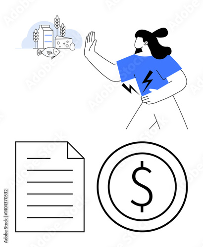Woman with electricity graphic avoids food thumbs up milk, fish, cheese. Below, icons of document and dollar sign suggest finances, paperwork. Ideal for health, choices, allergens savings business
