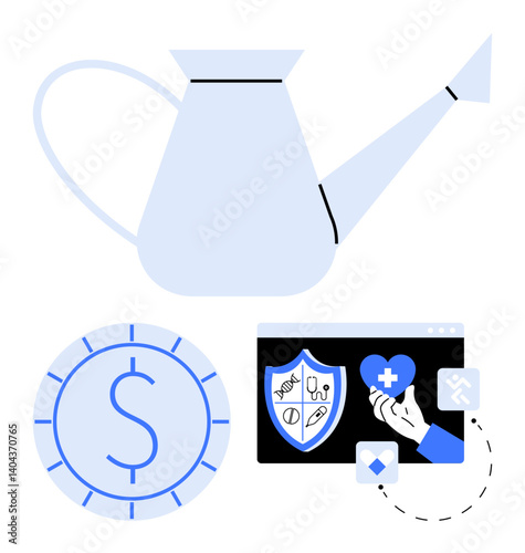 Watering can fosters growth, coin symbolizes finance, hand with shield icon represents healthcare. Ideal for investment, insurance, charity, growth, wellness economy support. Flat simple metaphor