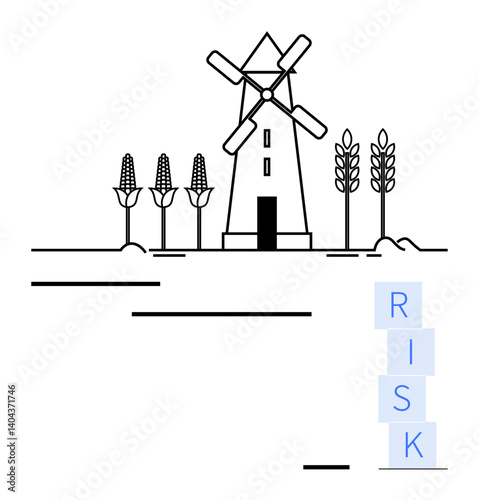 Windmill surrounded by corn and wheat plants, next to stacked blocks spelling RISK. Ideal for agribusiness, sustainability, risk management, farming challenges, renewable energy, food security