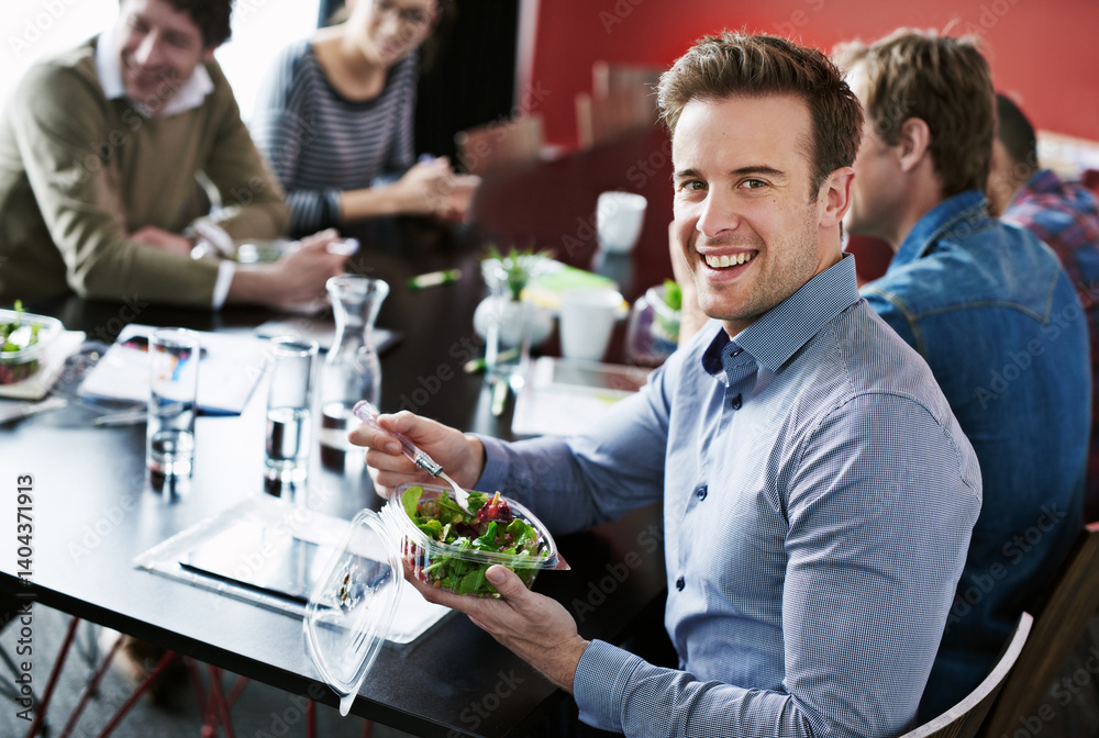 Office, food and portrait of woman in meeting with salad and team with lunch, and energy for productivity. Coworking, employee and girl with healthy meal and eating with friends in work or cafeteria