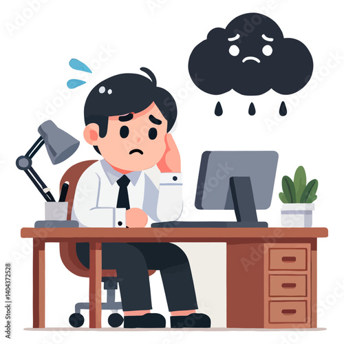 Stressed Office Worker At Desk With Cloud Icon Depicting Negative Feelings