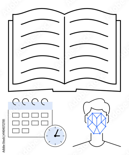 Open book with lines, calendar grid with clock icon, and biometric facial recognition outline. Ideal for education, time tracking, organization, scheduling, technology identity productivity. Flat