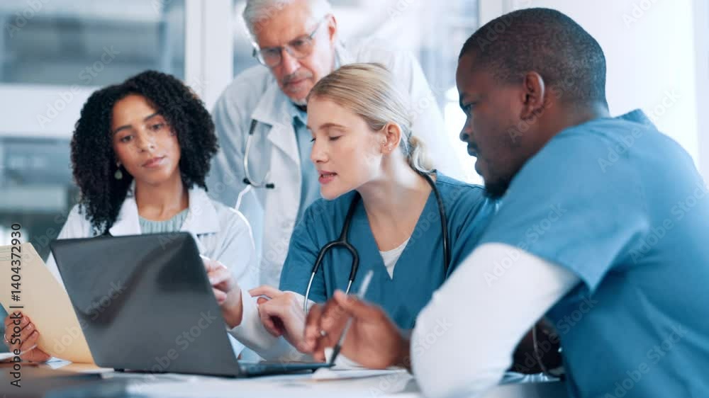 Doctors, medical staff and laptop with team in meeting for discussion in healthcare. Nurses, people and technology for hospital report, results and research with collaboration for planning procedure Doctors, medical staff and laptop with team in meeting for discussion in healthcare. Nurses, people and technology for hospital report, results and research with collaboration for planning procedure