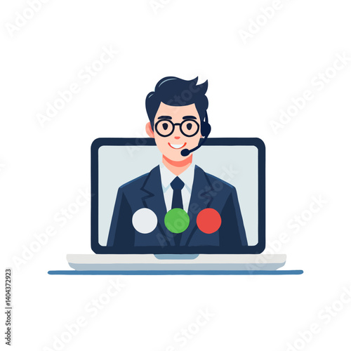 Cartoon of Man In Suit Attending A Video Call On A Laptop