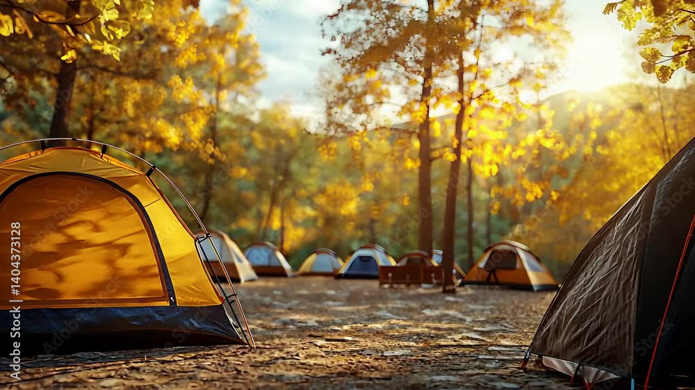Autumn Camping Trip with Tents Set Up in Forest Surrounded by Golden Leaves and Sunlight

