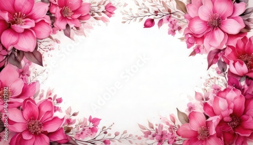 Pink Watercolor Floral Frame on White Background with Empty Space for Text