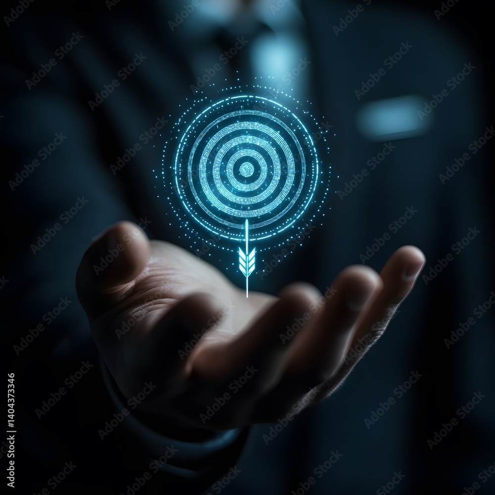 Fototapeta premium Strategic planning concept showing businessman hand with floating bullseye target icon, symbolizing business focus, marketing success, and objective alignment 