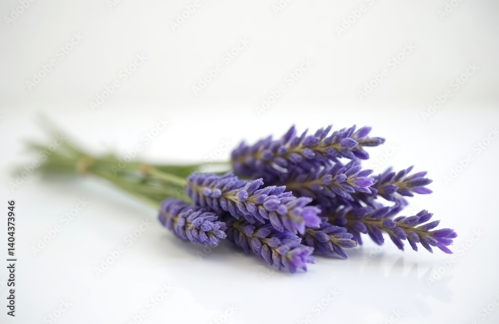 Freshly cut lavender flowers. Bunch of purple lavandula flowers lies on white background. Botanical floral photography for aromatherapy, spa, wellness, wedding decor. Beautiful bouquet of cut