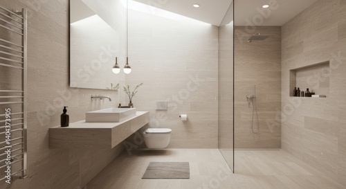 Modern bathroom interior with travertine walls and minimalist design