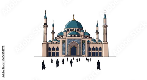 Architectural depiction of a grand mosque with congregants approaching its entrance photo