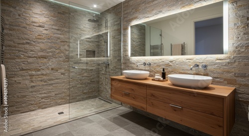 Modern bathroom interior with stone wall, floating vanity and vessel sinks